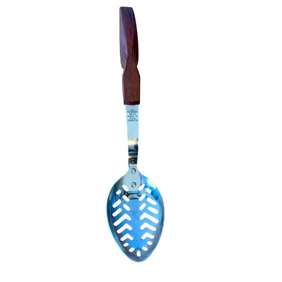 Cutco No 13 Slotted Serving Spoon Stainless Marbled Brown Handle Vintage USA - Picture 1 of 7